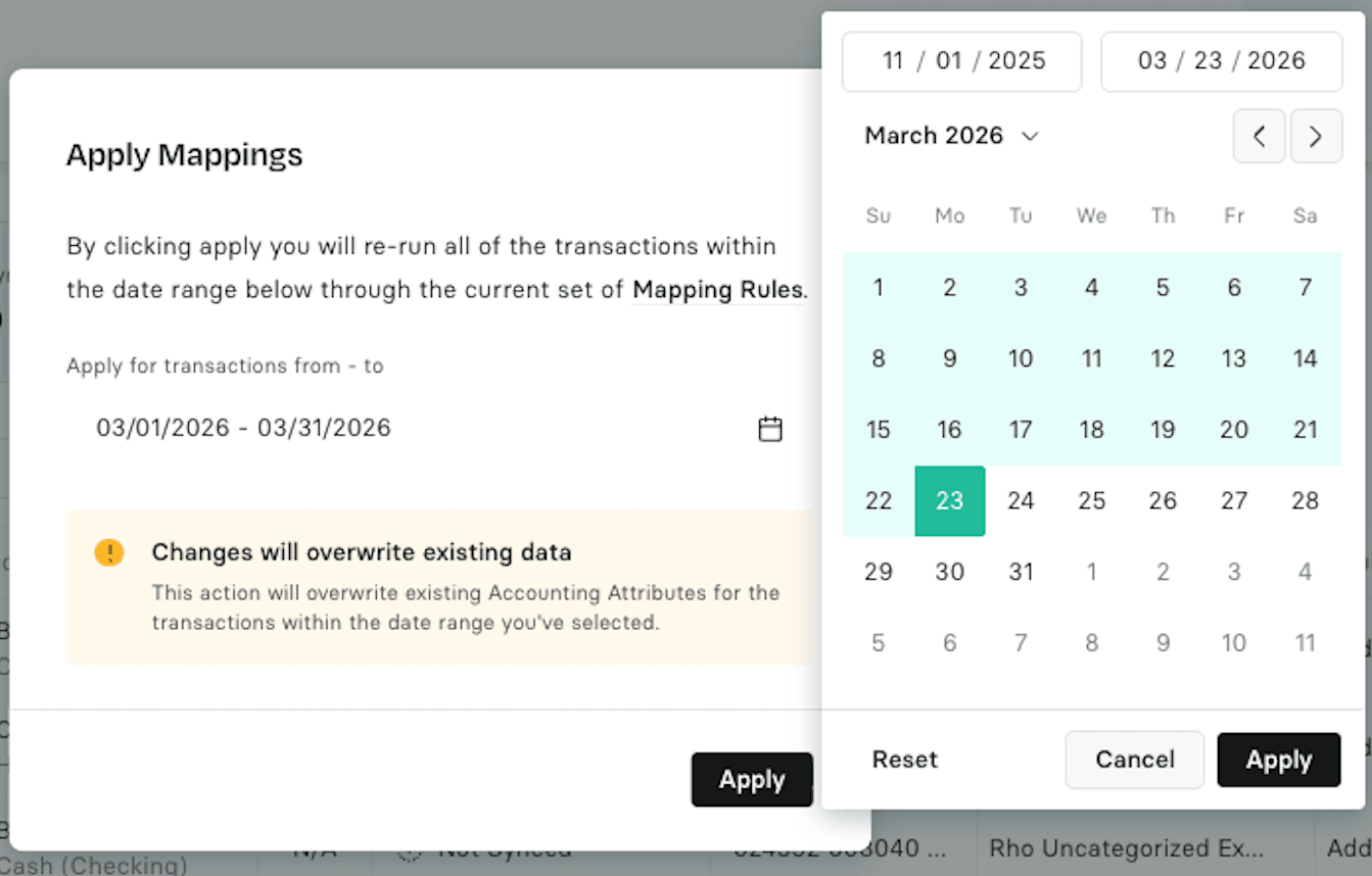 The Apply Mappings dialog with a date range picker open and a warning that existing data will be overwritten